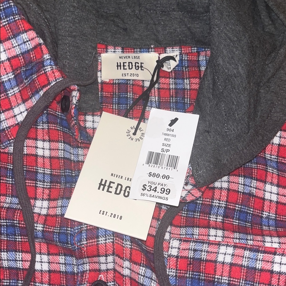 🌷 Hedge Red and Blue Flannel Shirt with Charcoal Hood - Picture 8 of 9